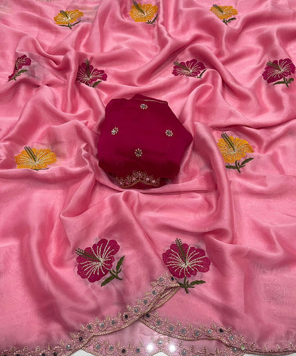Soft Rangoli Silk Saree with Floral Embroidery & Mirror Work Border