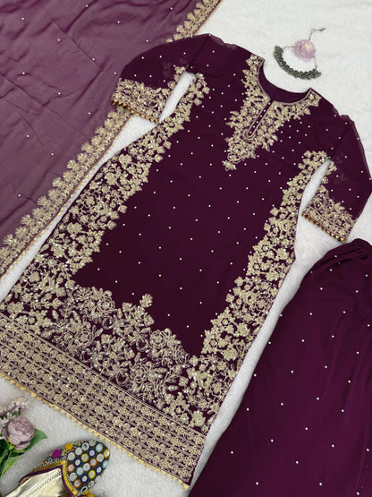 Premium Faux Georgette Embroidered Kurta Plazzo Set with Dupatta | Festive & Party Wear | 3 Colours