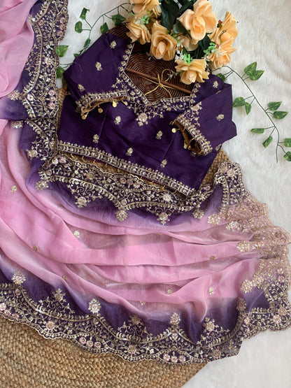Shipra Embroidered Moss Saree with Sequins Border & Designer Stitched Blouse