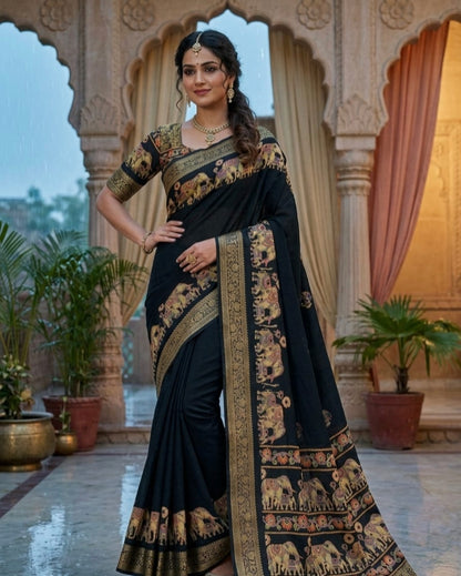 Royal Elephant Border Pure Marsh Mellow Silk Saree With Aari Mirror Work