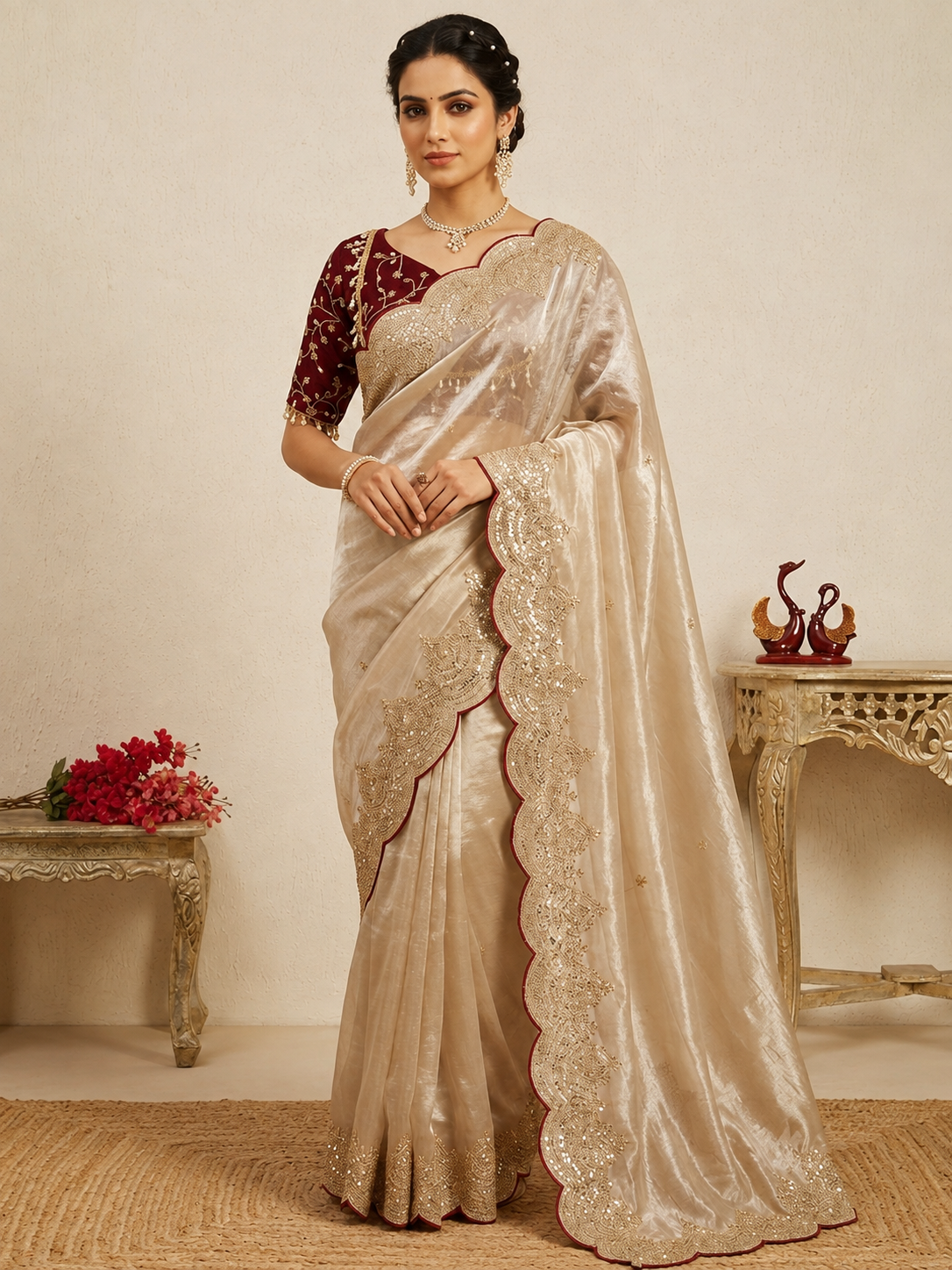 Cream Soft Jimmy Chuu Saree with Sequins & Zari Embroidery Work