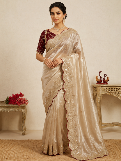 Cream Soft Jimmy Chuu Saree with Sequins & Zari Embroidery Work