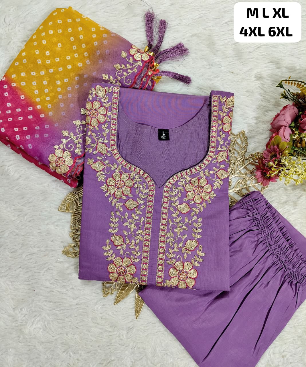 Designer Roman Silk Kurti Pant Set with Gota Patti Embroidery & Lehariya Dupatta