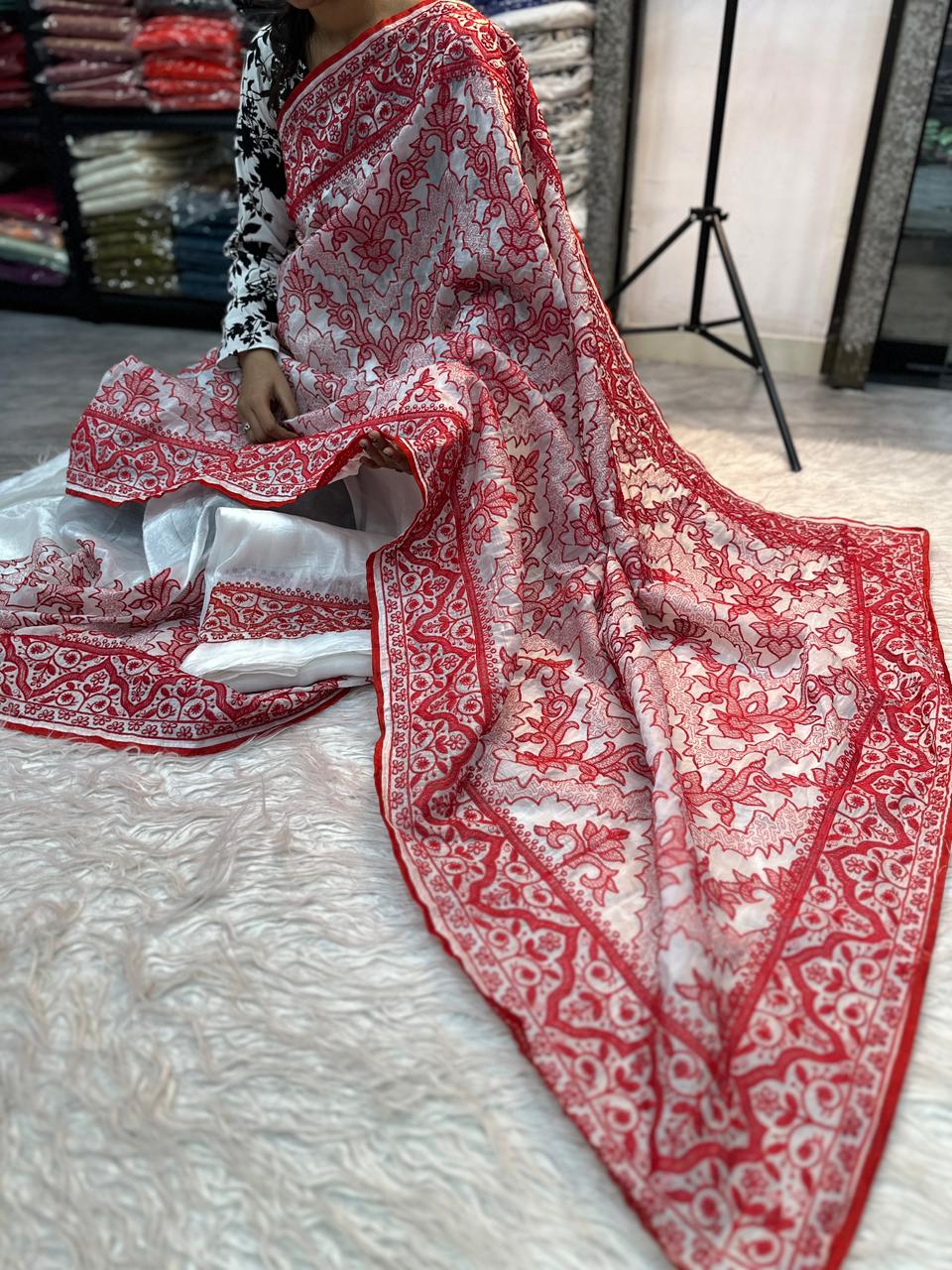 White Red Crush Silk Embroidery Saree