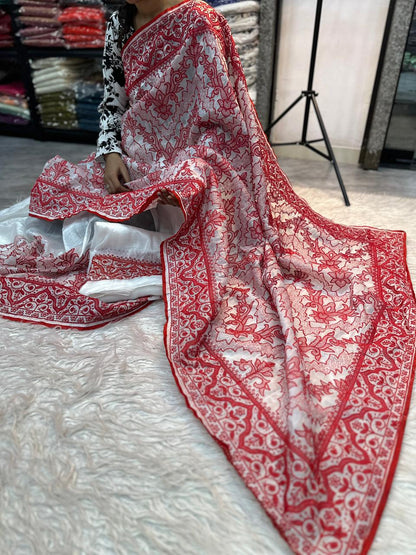 White Red Crush Silk Embroidery Saree