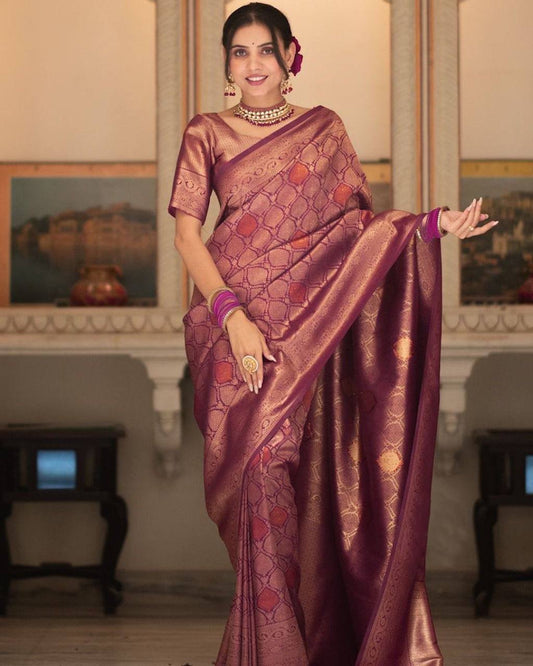Wine Purple Zari Work Saree