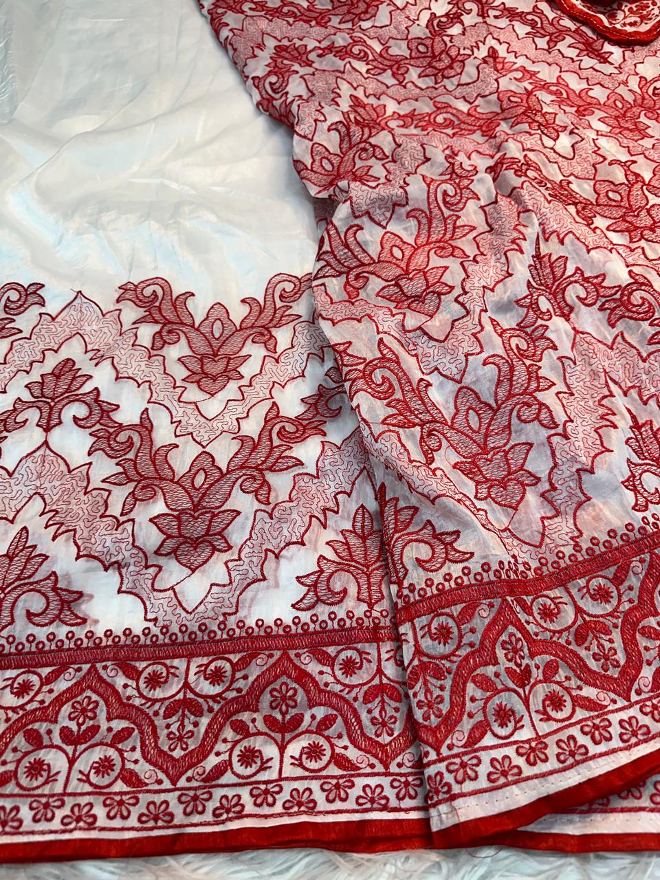 White Red Crush Silk Embroidery Saree