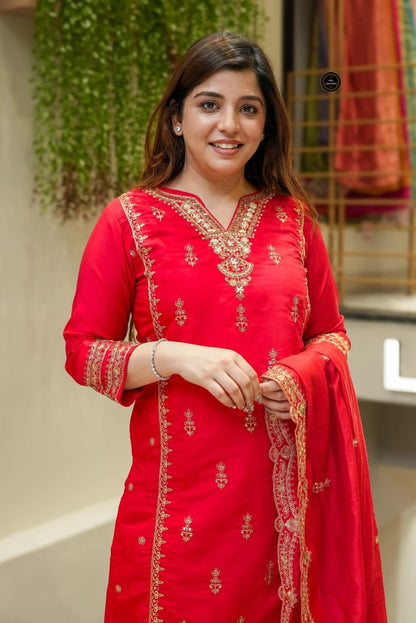 Festival Special Chanderi Embroidered Kurti Set with Dupatta