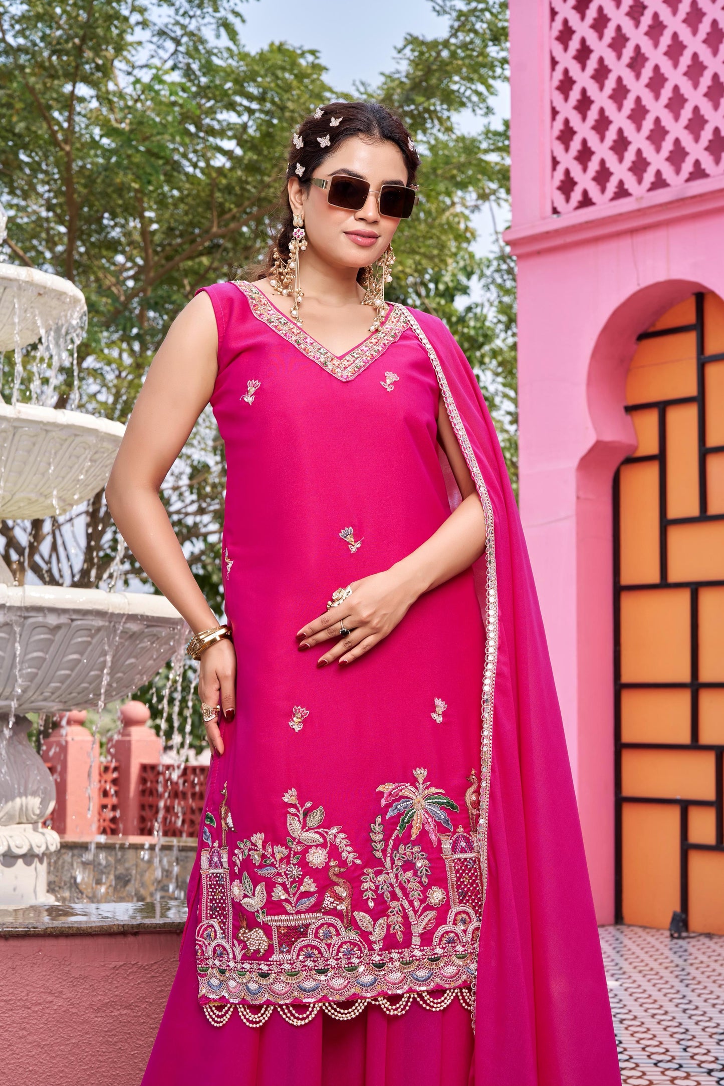 Haldi Special Designer Kurti Plazzo Dupatta Set with Moti & Embroidery Work
