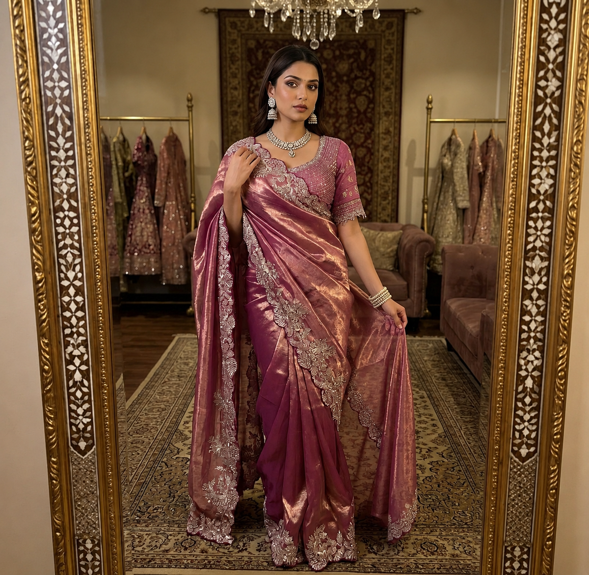 Soft Space Silk Satin Saree With Heavy Embroidery Sequence & Zari Work