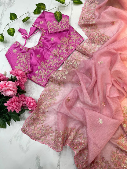 Daisy-2 Candy Crush Fabric Embroidery Saree with Stitched Blouse