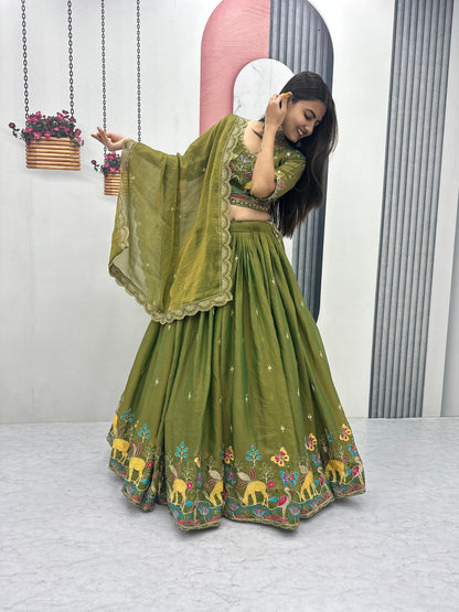 Festival Special Heavy Embroidered Moss Simar Lehenga Choli with Dupatta | Orange & Olive Green