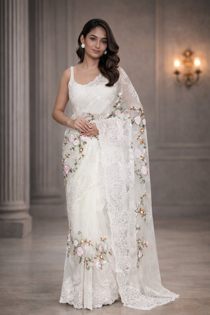 Premium Shinning Silk Jimmy Choo Saree with Heavy Embroidery Jaal & Floral Motifs