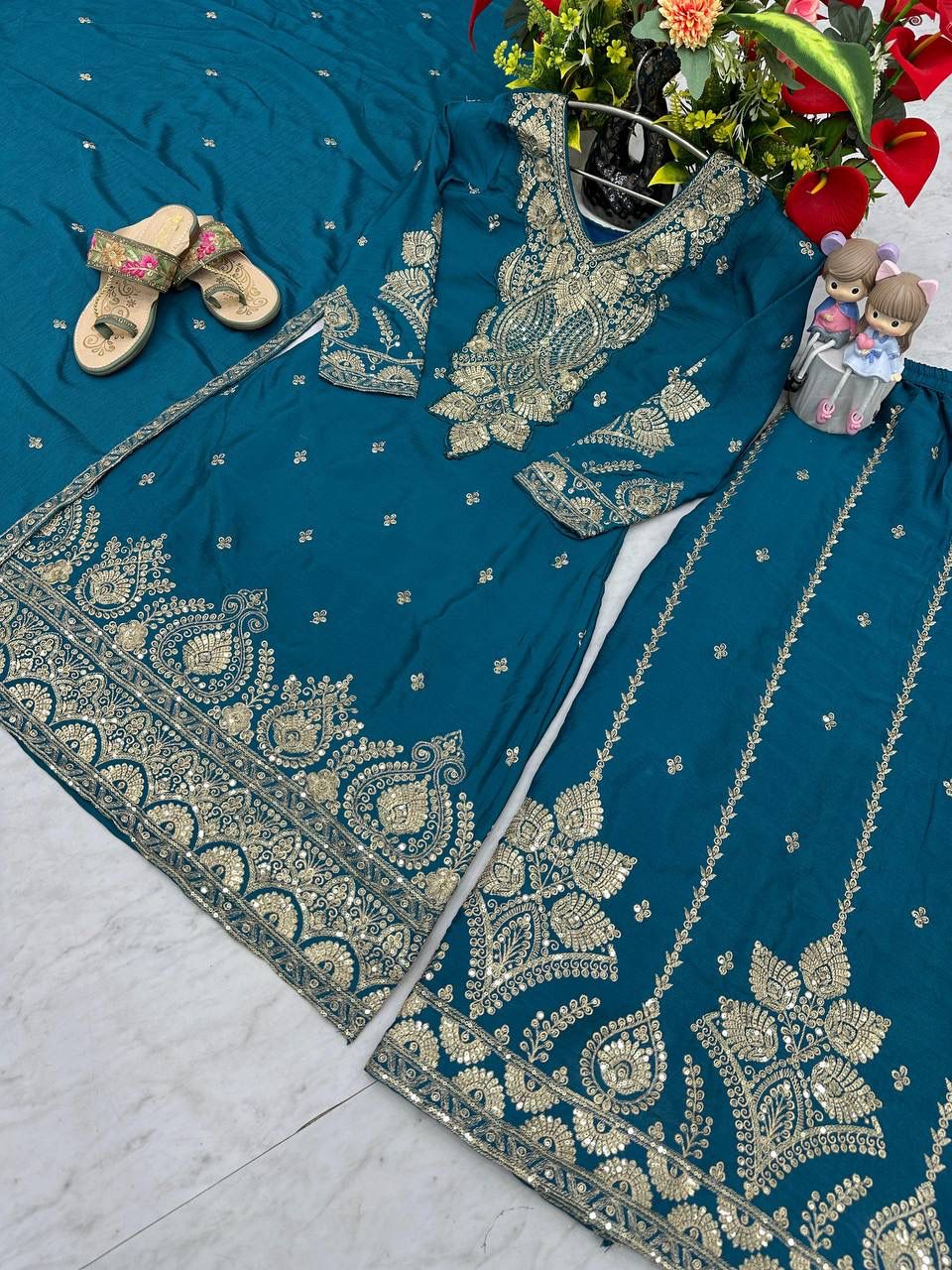 Designer Chinon Embroidery Top Palazzo Set with Dupatta