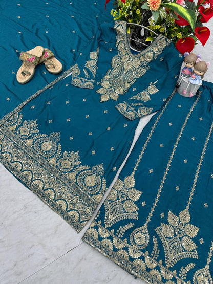 Designer Chinon Embroidery Top Palazzo Set with Dupatta