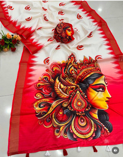 Durga Puja Special Handloom Tussar Saree with Heavy Printed Pallu & Blouse