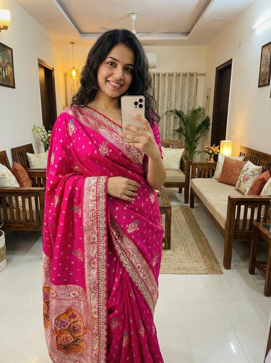 Gulmohar Dola Silk Saree with Zari Weaving & Cutdana Handwork Border