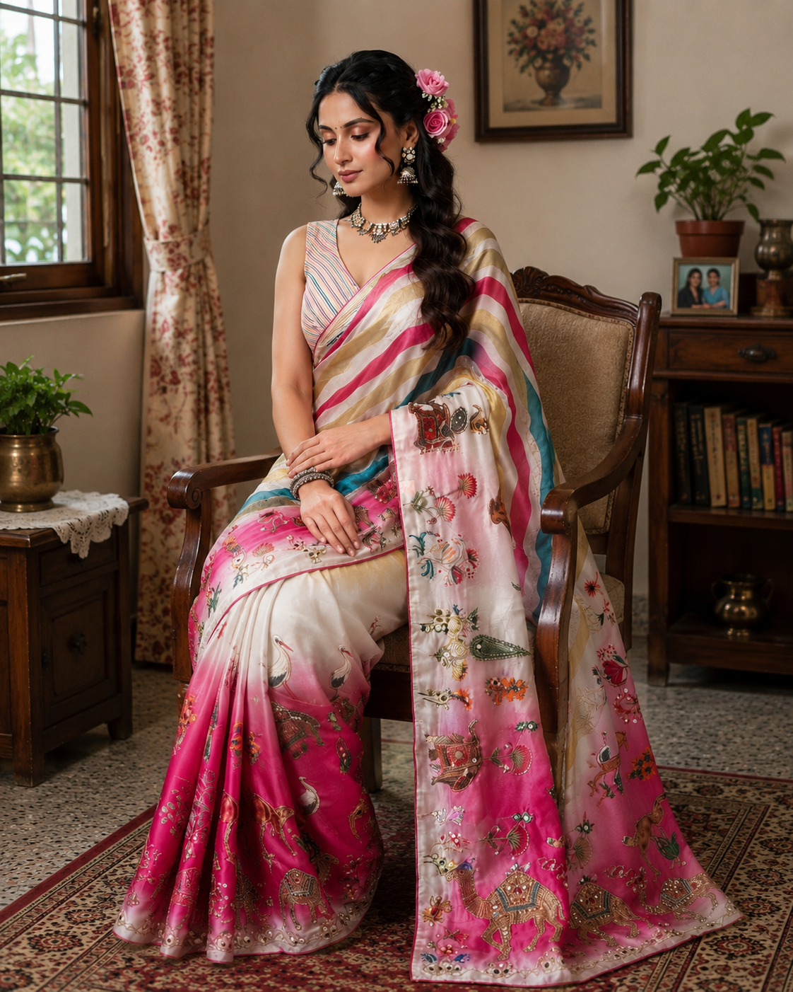 Beautiful Rajasthani Royal Look Soft Chinon Digital Saree with Mirror Work