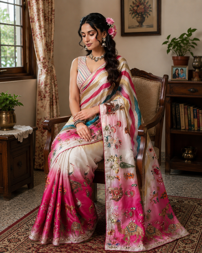 Beautiful Rajasthani Royal Look Soft Chinon Digital Saree with Mirror Work