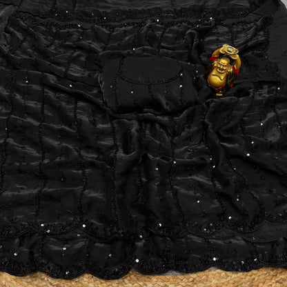 Black Beads Work Space Silk Party Wear Saree