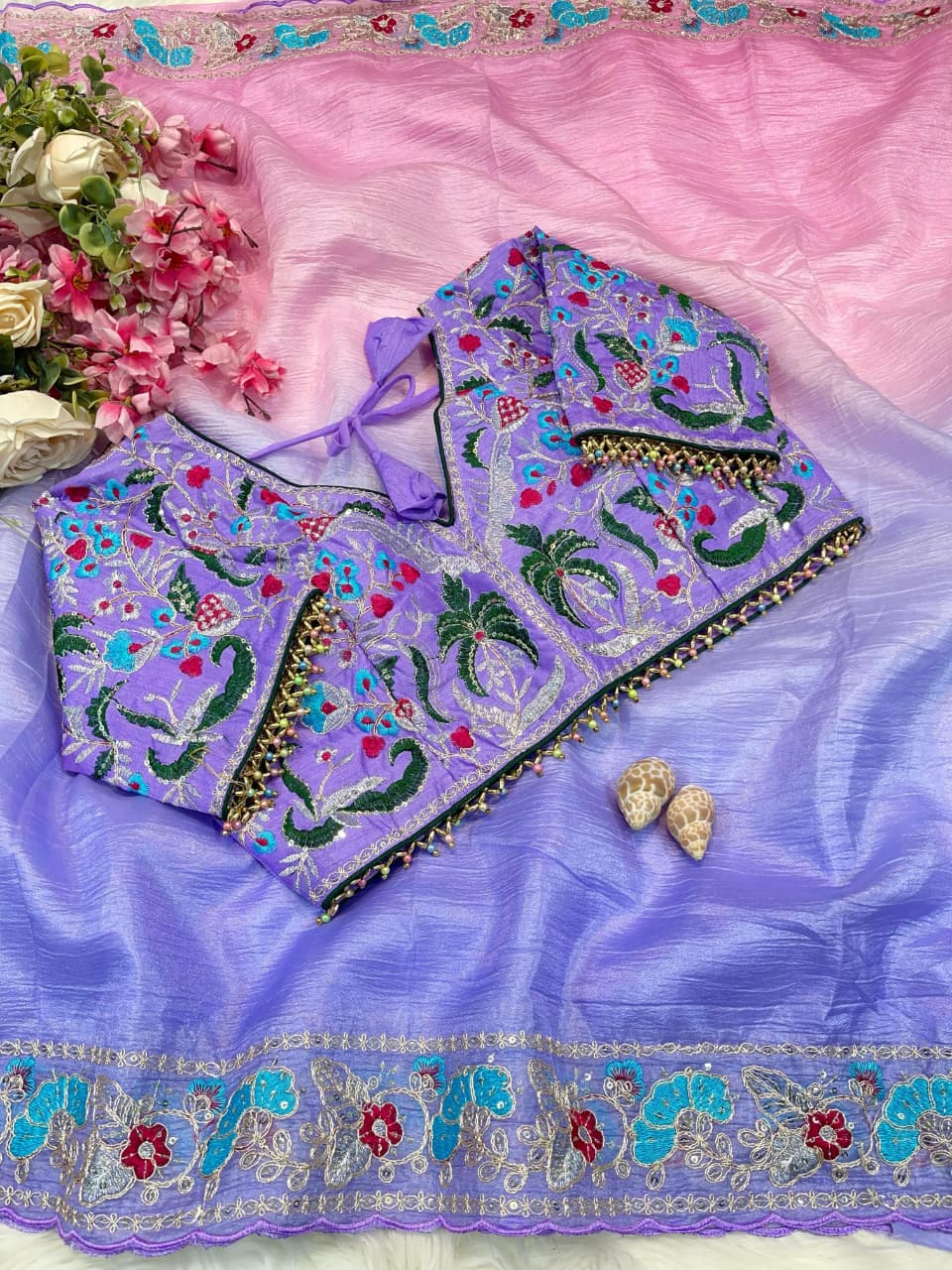 Candy Crush Embroidery Border Saree with Stitched Blouse