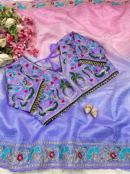 Candy Crush Embroidery Border Saree with Stitched Blouse