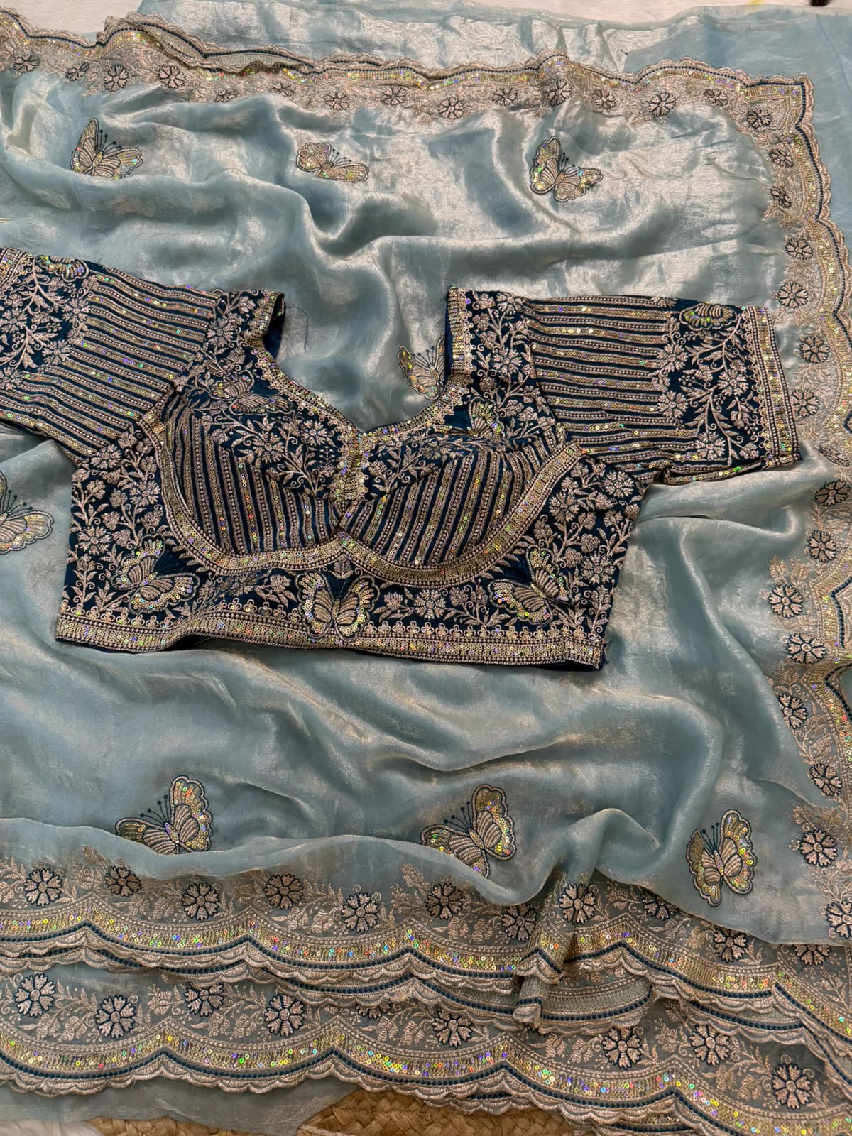 Sabyasachi Inspired Space Silk Saree with Butterfly Embroidery & Stitched Blouse
