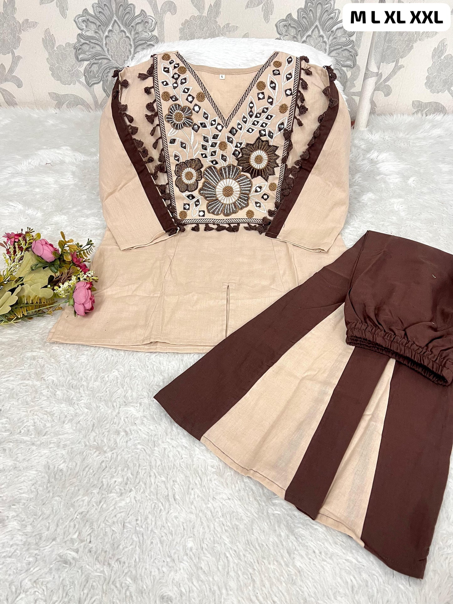 Cotton Natural Flax Mirror Work Cord-Set for Women – Embroidered Designer Top with Palazzo Pant (Cream Brown & Cream Blue)