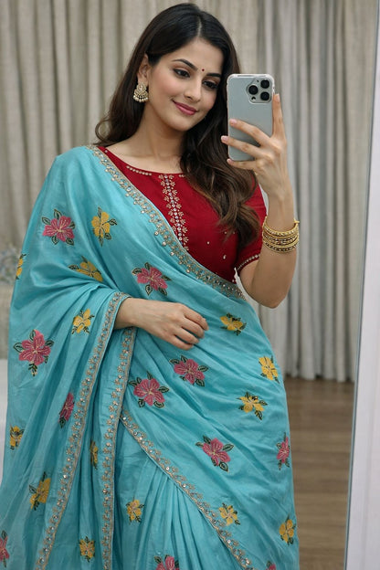 Chinon Silk Embroidery Saree