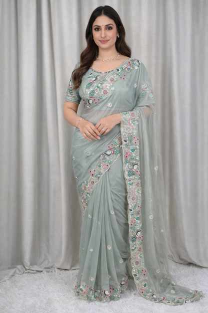 Multi thread Embroidered party Wear saree