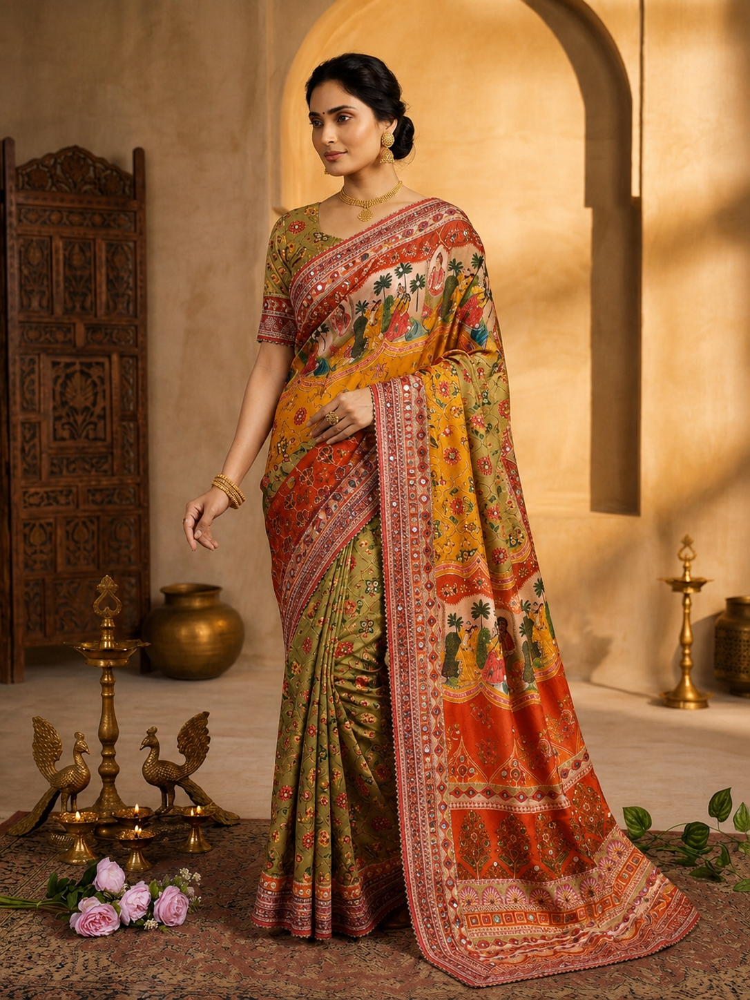 Karigari Soft Chinon Silk Digital Print Saree with Hand Aari Work & 2000+ Real Mirror Work
