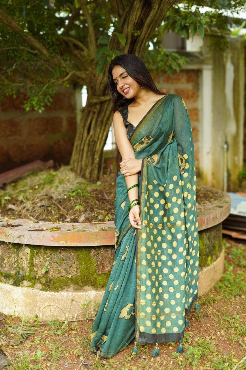 Pure Linen Chanderi Saree with Kalamkari Print & Zari Border