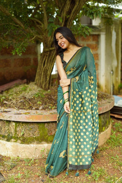 Pure Linen Chanderi Saree with Kalamkari Print & Zari Border