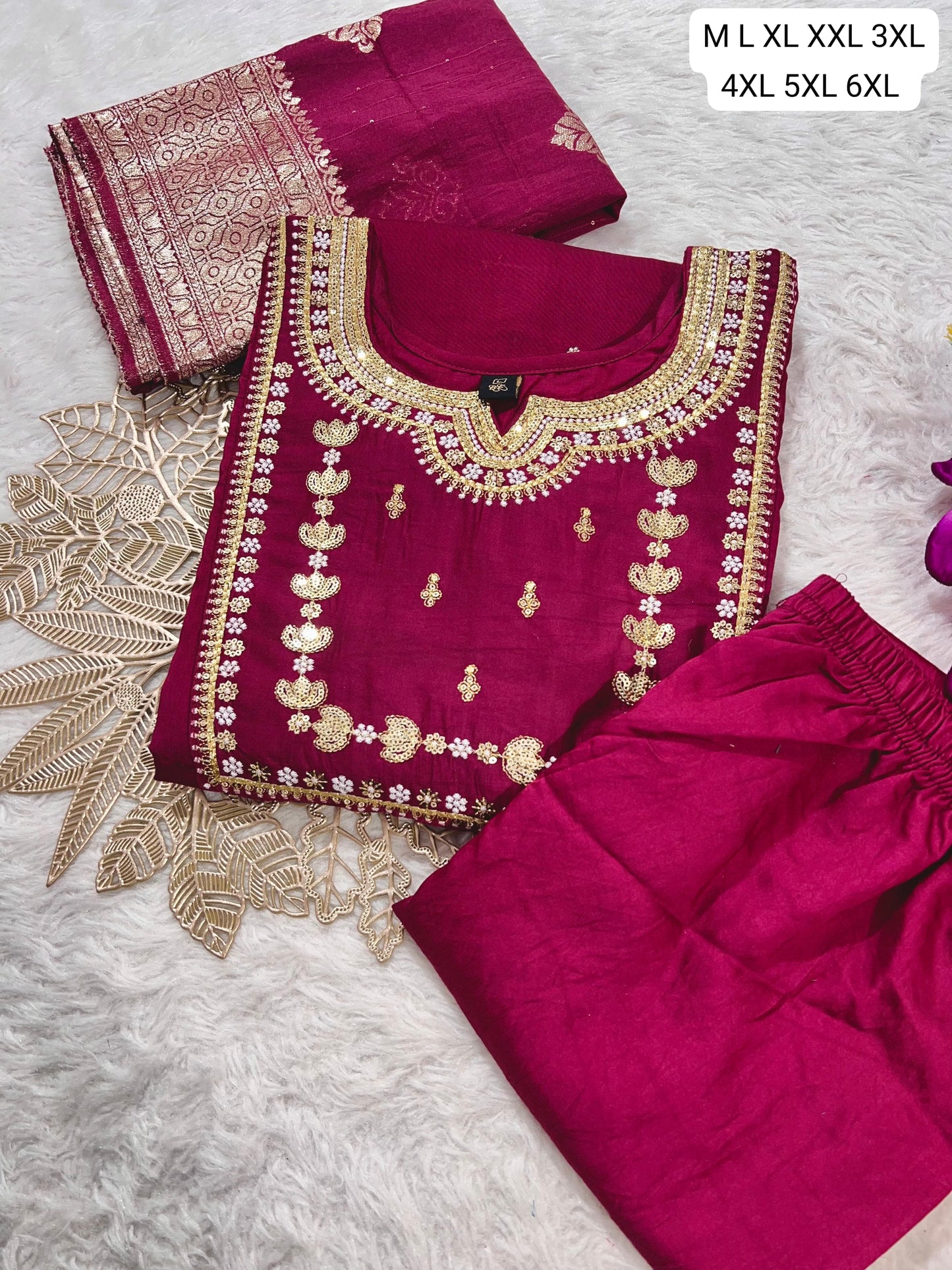 Premium Roman Silk Embroidered Kurti Pant Dupatta Set (M–6XL)