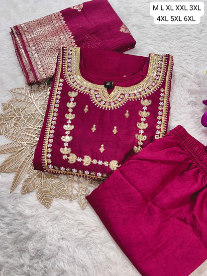 Premium Roman Silk Embroidered Kurti Pant Dupatta Set (M–6XL)