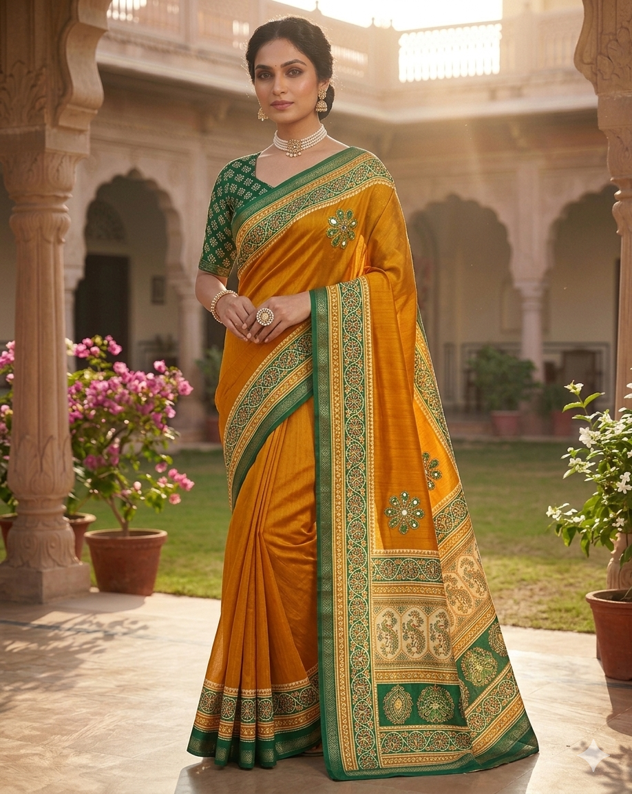Premium Mul Cotton Printed Saree with Mirror Work & Designer Border