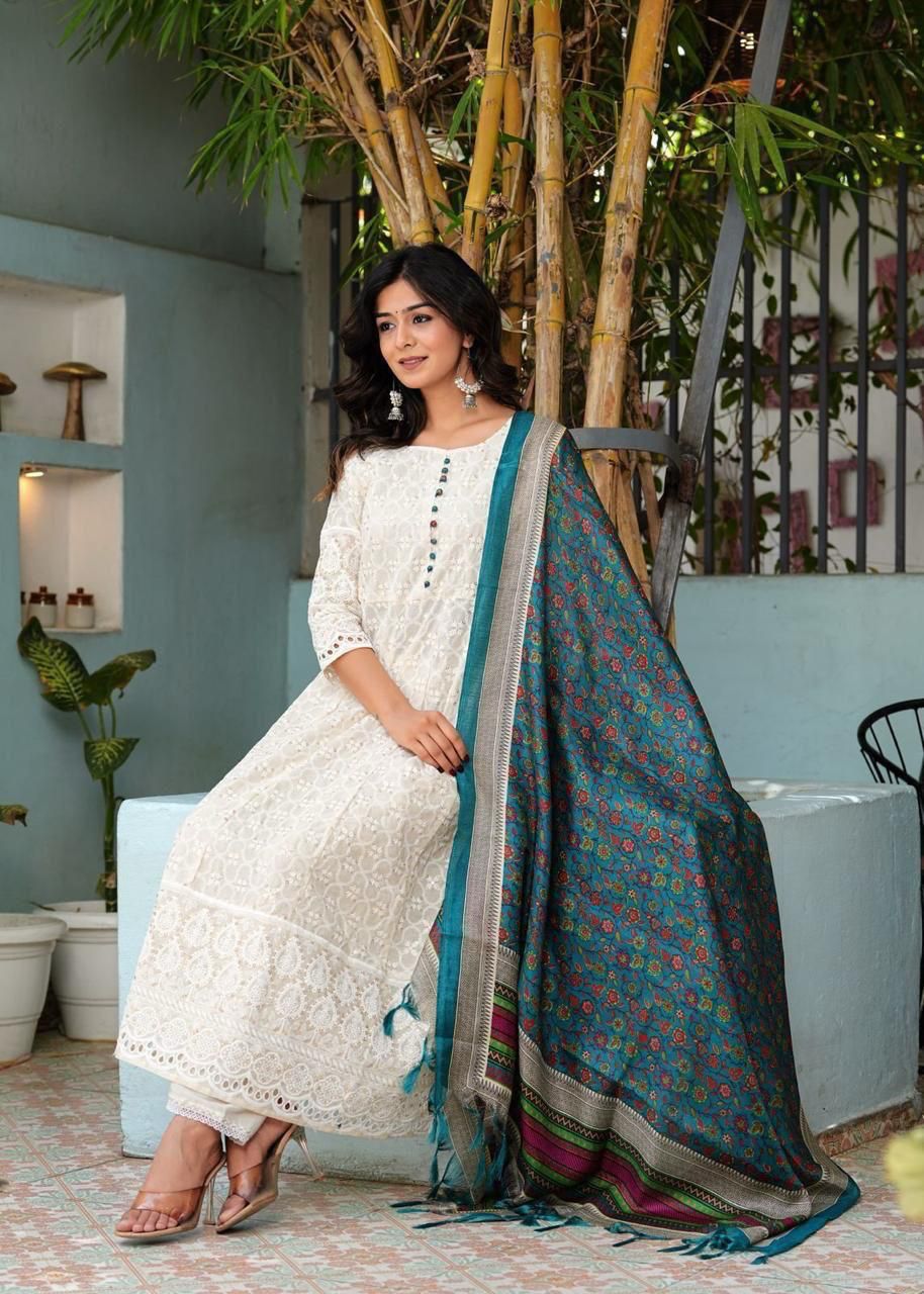 Pure Chikankari Cotton Anarkali Kurti Pant Dupatta Set – Summer Collection