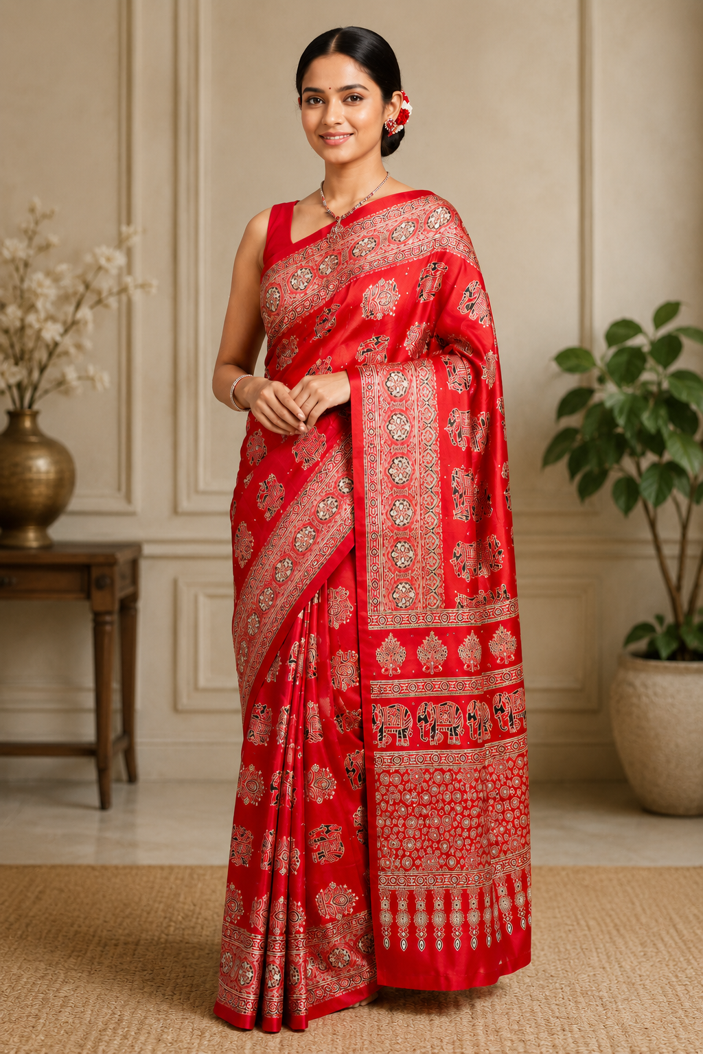 Elegant Ajrakh Pure Gajji Bandhej Soft Silk Saree With Mirror Work