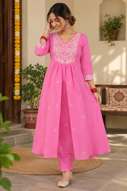 Women’s Mul Chanderi Anarkali Suit Set with Pant & Dupatta | Floral Thread Embroidery | 3 Piece Ethnic Wear