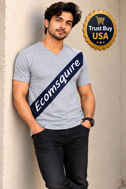 EcomSquire Premium Grey V-Neck T-Shirt with Diagonal Logo Design | Trusted by Customers Across the USA