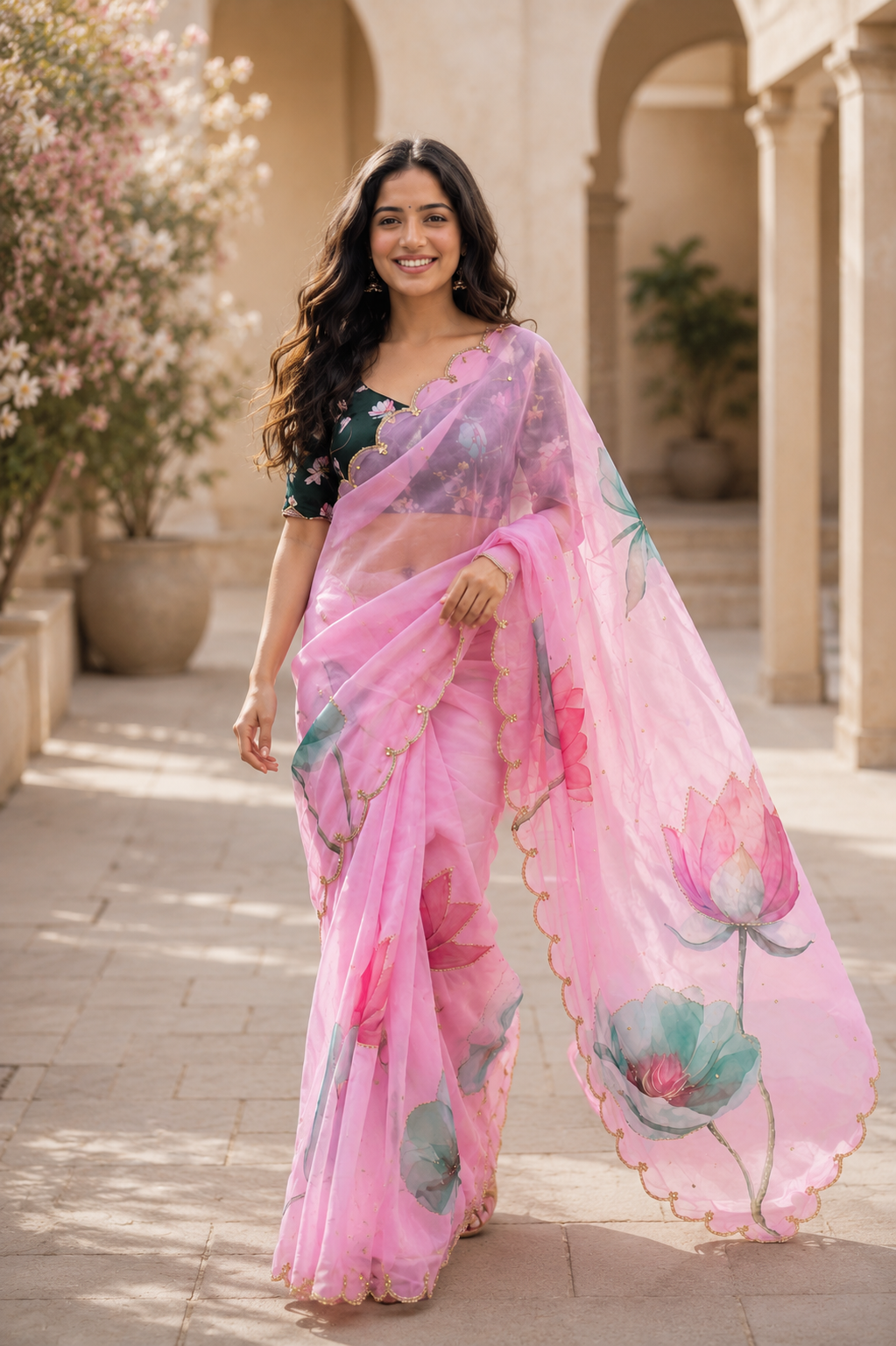 Rosy Soft Teby Silk Floral Print Saree