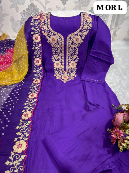 Designer Roman Silk Kurti Pant Set with Gota Patti Embroidery & Lehariya Dupatta