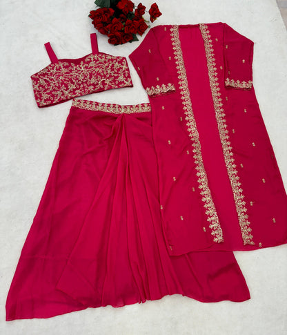 Premium Chinon Silk Embroidered Shrug Sharara Set – Party & Festive Wear