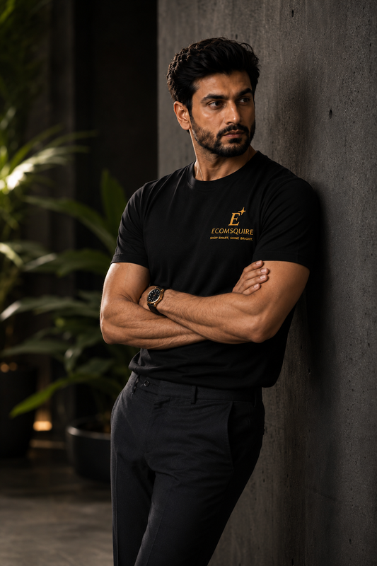Ecomsquire Premium Black Crew Neck T-Shirt | Gold Logo Edition