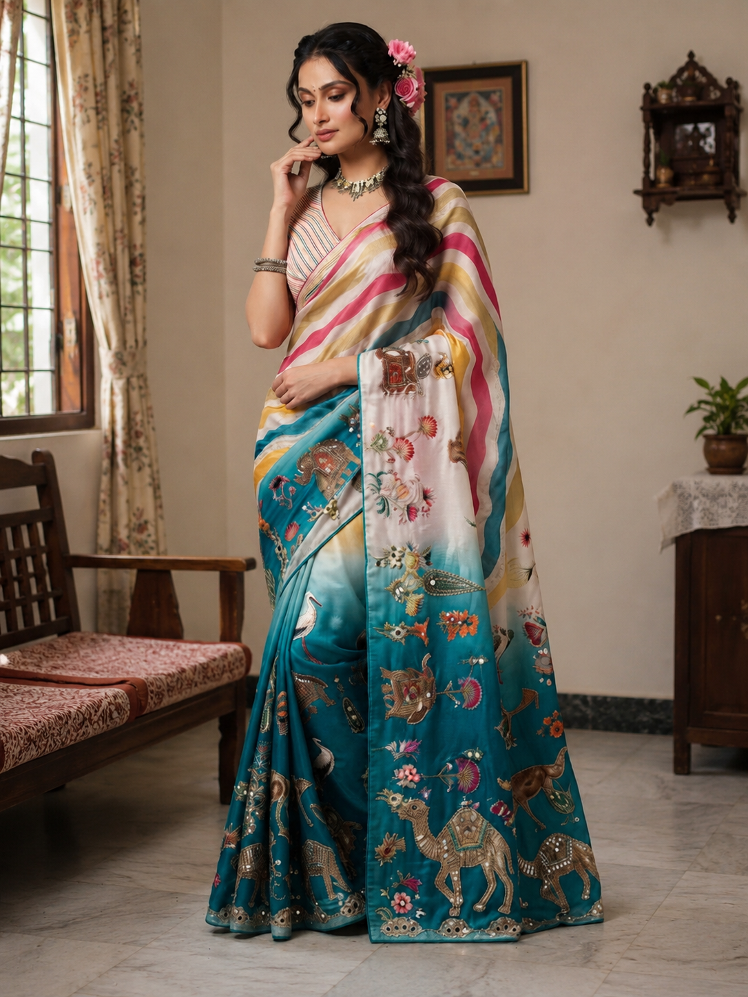 Beautiful Rajasthani Royal Look Soft Chinon Digital Saree with Mirror Work