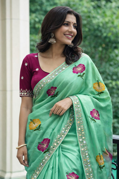 Soft Rangoli Silk Saree with Floral Embroidery & Mirror Work Border
