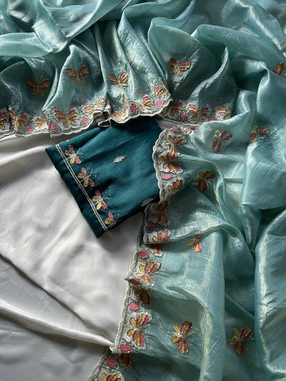 Radha Butterfly Motif Embroidered Crushed Organza Saree