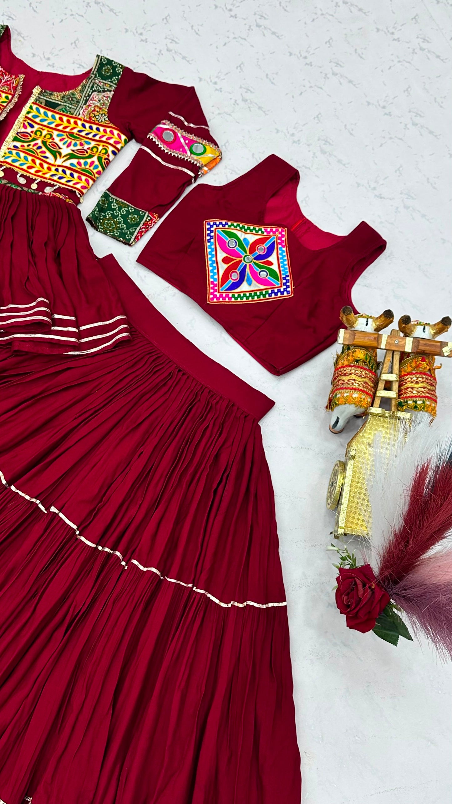Navratri Gamthi Work Cotton Lehenga Choli with Koti | 9 Meter Flair Mirror Work | Women's Garba Dress