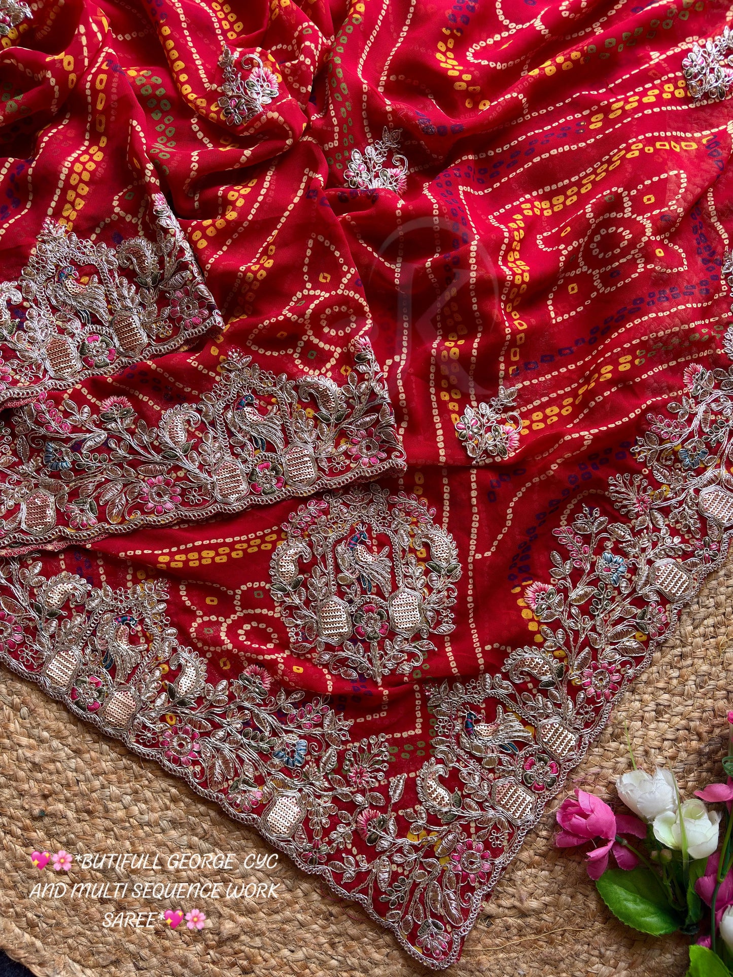 Bandhej Gota Patti Work Saree in Soft Georgette with Heavy Embroidery Border