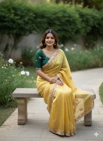Radha Butterfly Motif Embroidered Crushed Organza Saree